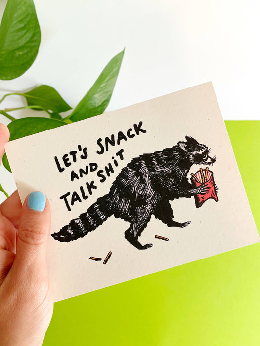 Let’s Snack and Talk Shit Raccoon Greeting Card