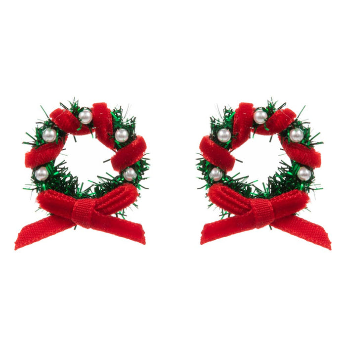 Christmas Wreath Shape w Pearls Post Earrings