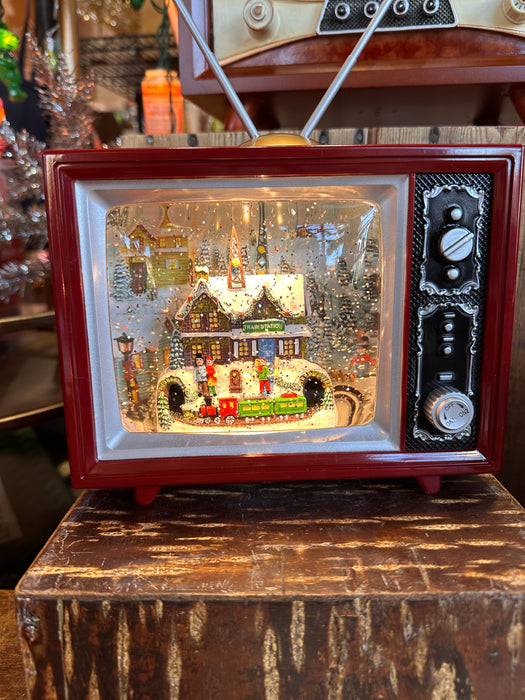 6.5"H LED TV Music Box - Snowglobe Train Station