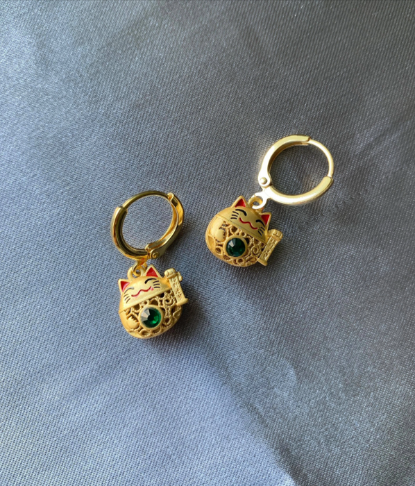 Unique Lucky Cat Huggie Earrings