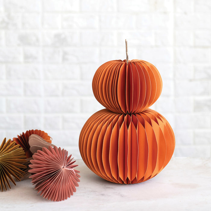 Recycled Paper Folding Honeycomb Pumpkin w/ Dried Natural Twig Stem